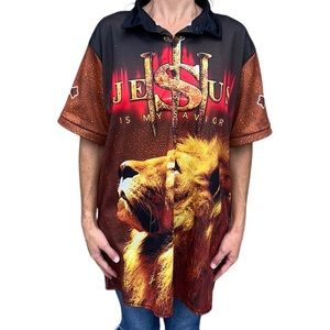 Unbranded | “JESUS IS MY SAVIOR” Polo‎ T-shirt Lion Nails Cross XL